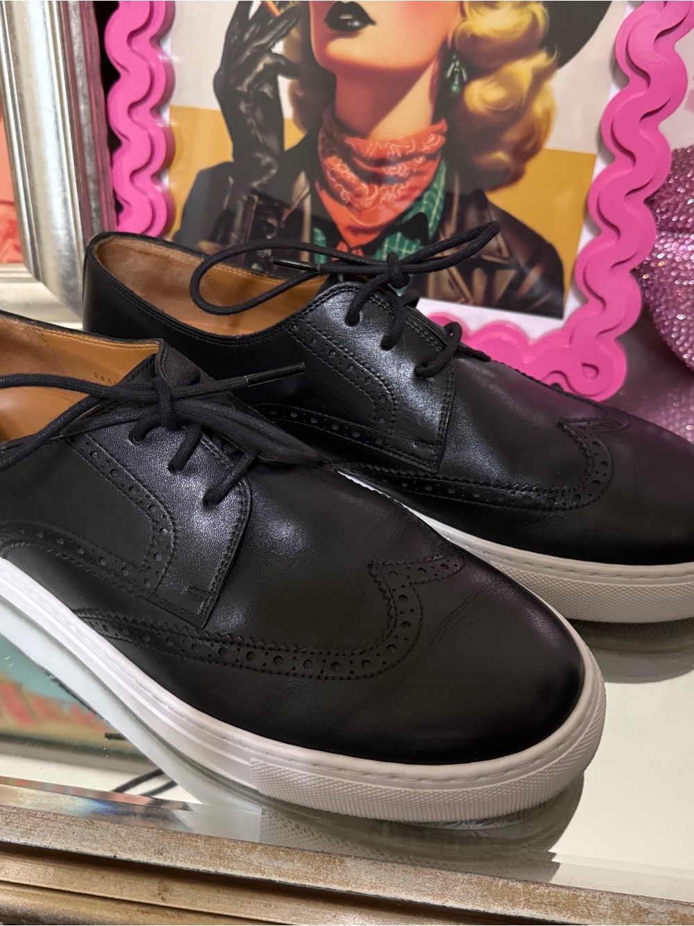 Magnanni Black Leather Wingtip Sneakers with White Sole